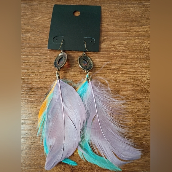 The Limited Boho Colorful Feather Drop Statement Earrings Purple Yellow Blue - Picture 4 of 5